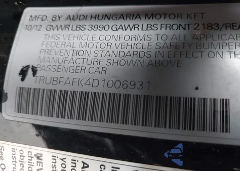 2013 Audi Tt 2.0T Premium Plus z USA, uszkodzony, nr VIN TRUBFAFK4D1006931